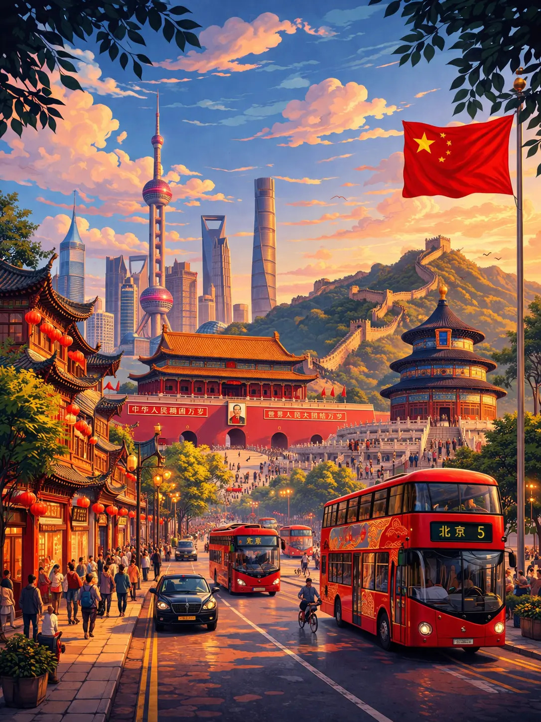 Study abroad in China: Illustration featuring the Shanghai skyline, the Great Wall, and a traditional red city bus.