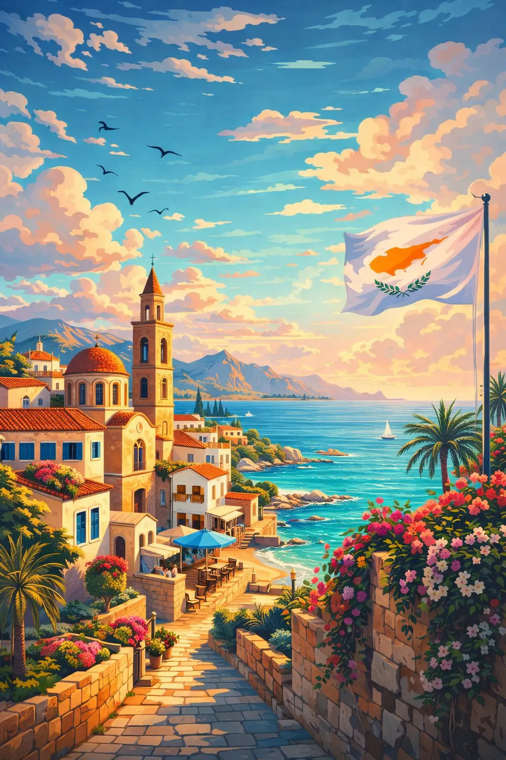 Study abroad in Cyprus: A vibrant illustration of a Mediterranean coastal town with the Cyprus flag, perfect for international students.