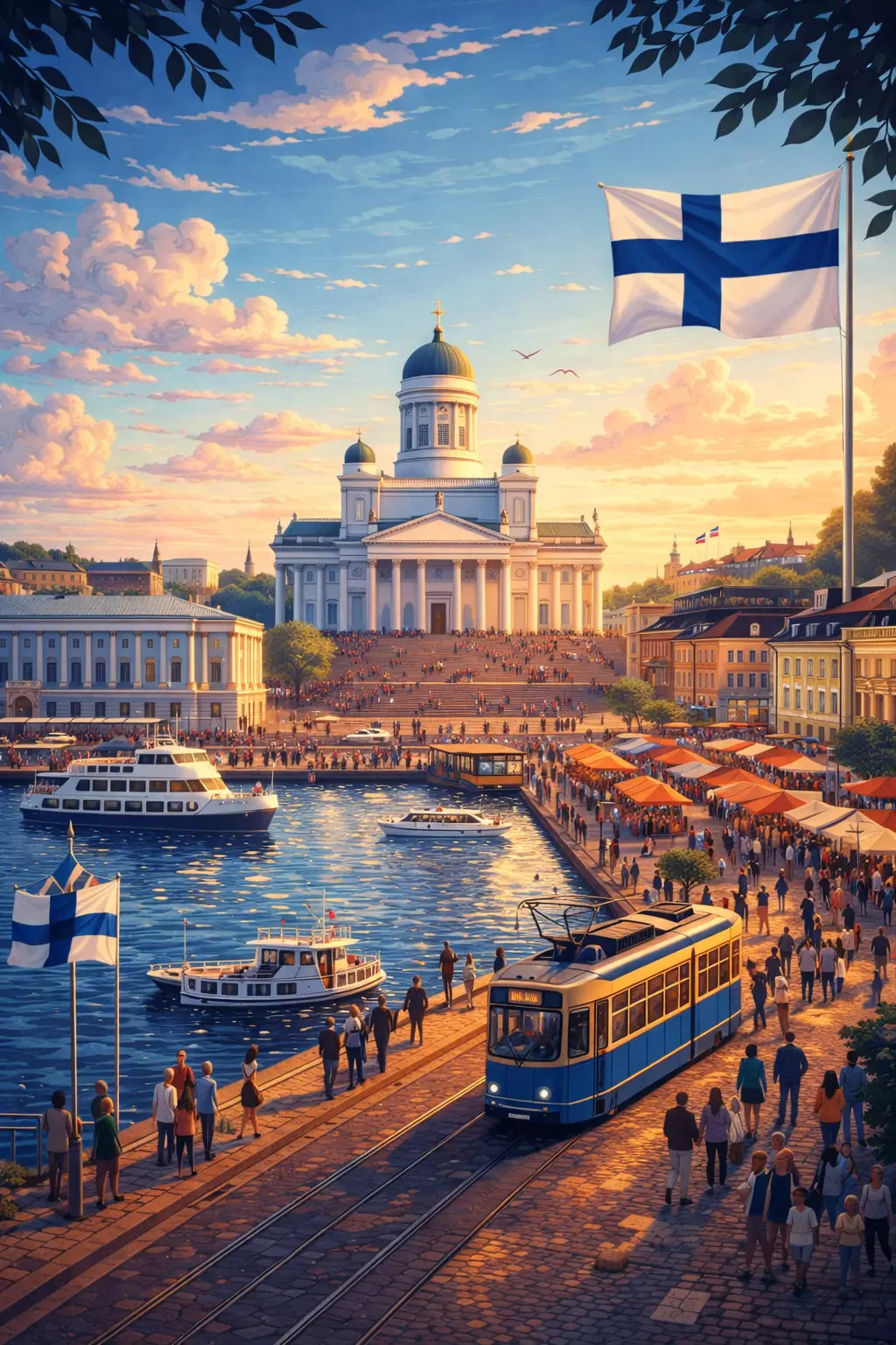International education in Finland: A beautiful illustration of Helsinki Cathedral and the harbor with a Finnish flag.