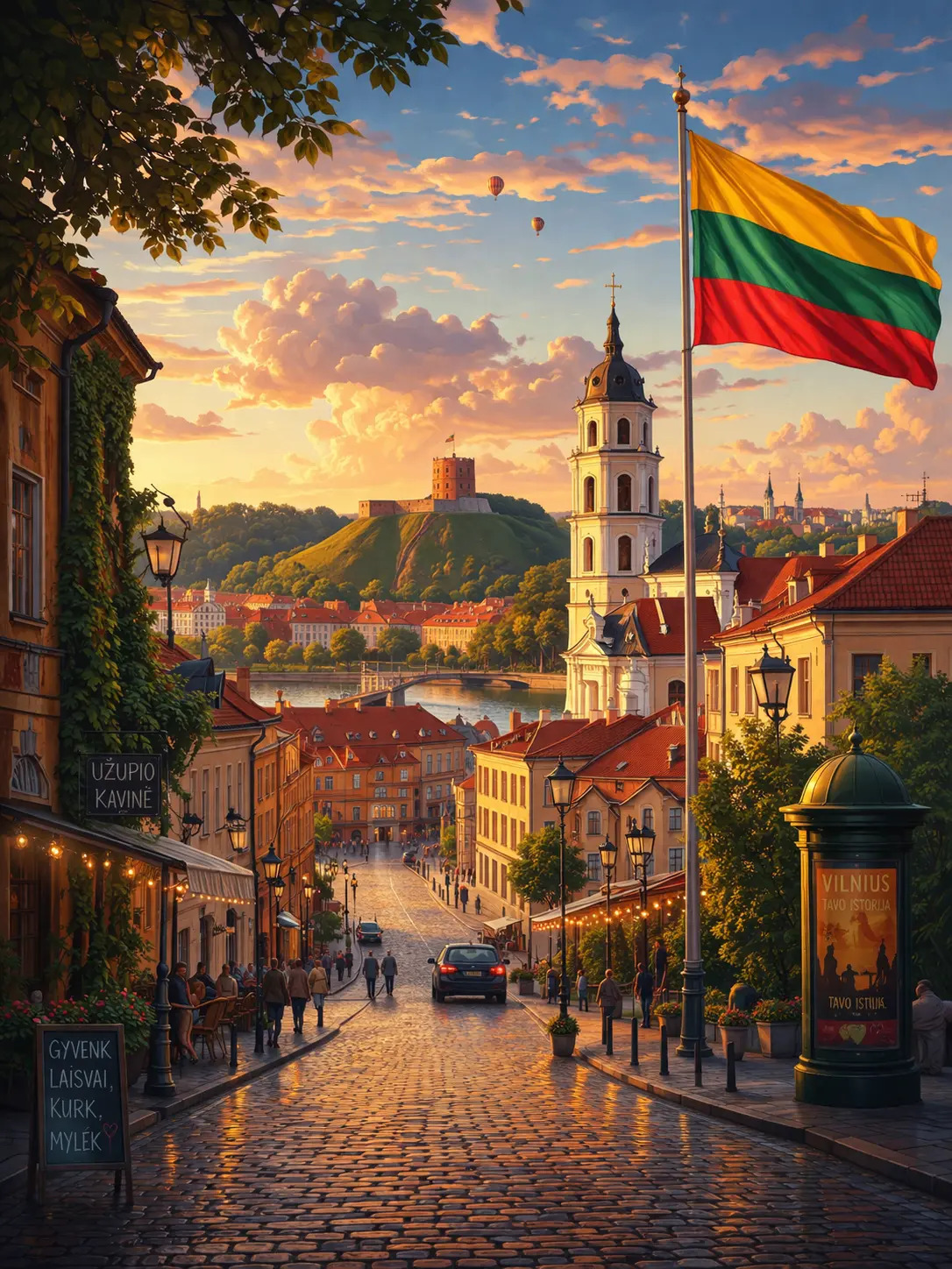 Study abroad in Lithuania: Vibrant illustration of Vilnius old town streets, Gediminas Tower, and the national flag.