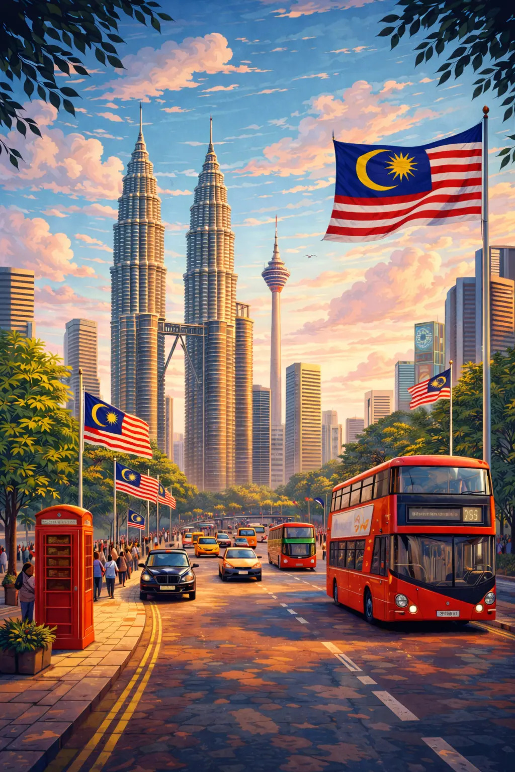 Higher education in Malaysia: Illustration of the Petronas Twin Towers in Kuala Lumpur with a red double-decker bus.