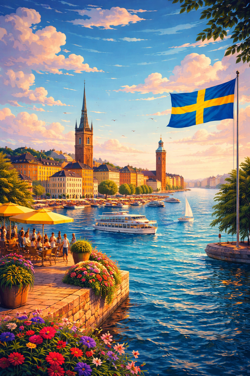 Study in Sweden: Scenic illustration of a Stockholm waterfront cafe and the Swedish flag by the blue sea.