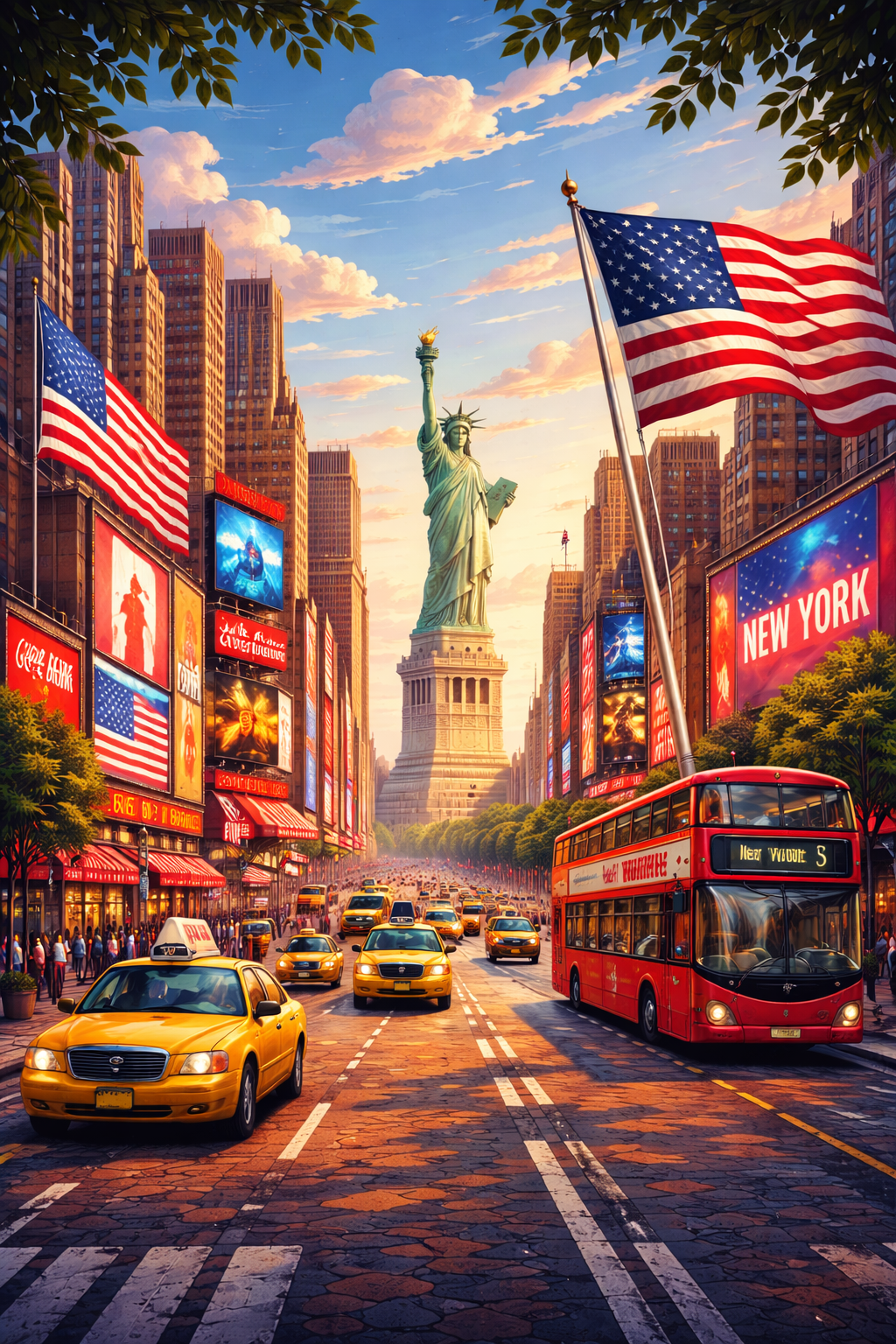 Study in the USA: Vibrant New York City street illustration featuring the Statue of Liberty and yellow taxis.