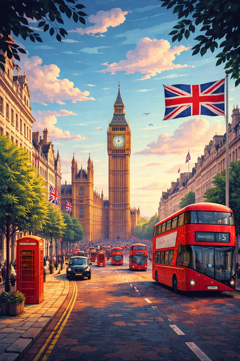 Study abroad in the UK: Classic London street scene with Big Ben, a red phone booth, and a double-decker bus.