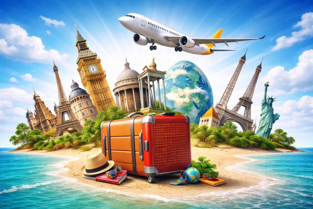 3D digital illustration of a travel suitcase on a tropical beach surrounded by global landmarks like Big Ben, Eiffel Tower, and Statue of Liberty, with an airplane flying overhead.
