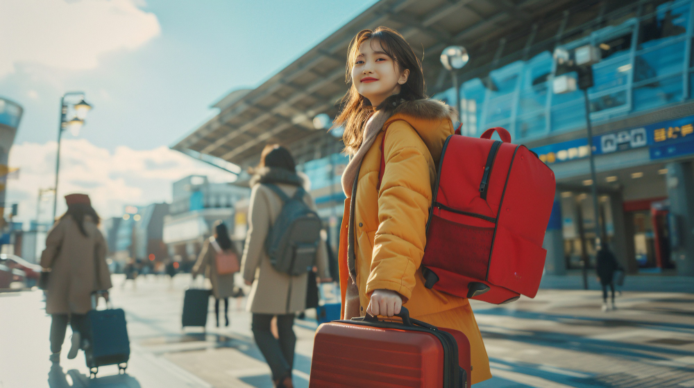 A happy international student with a red backpack and suitcase standing outside a modern airport terminal or train station during her study abroad travel journey.