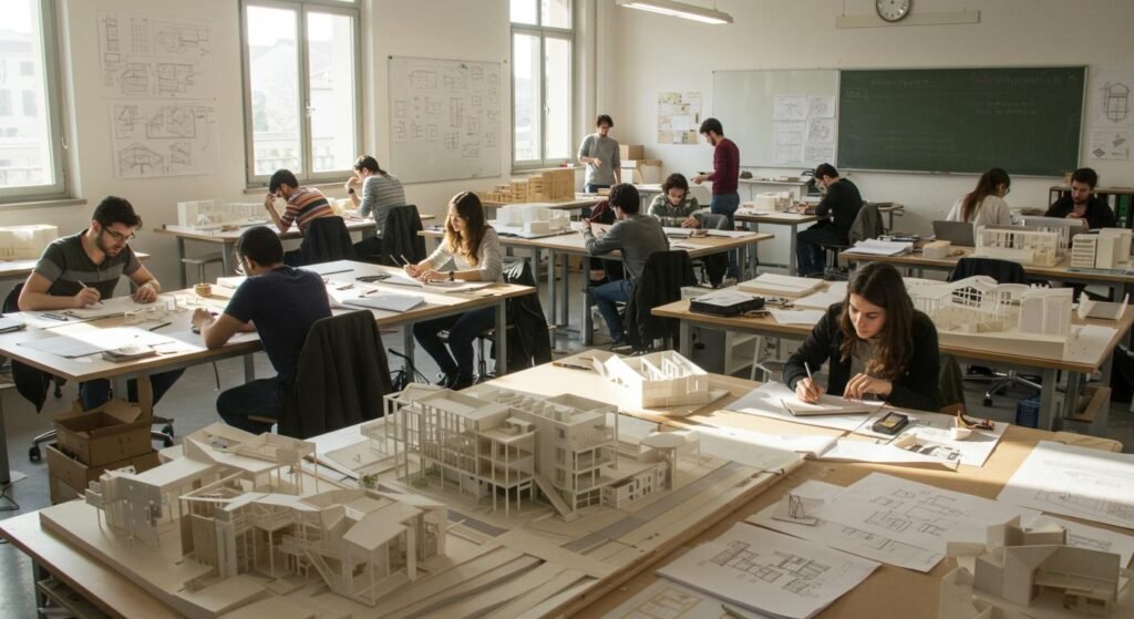 International students working in a creative design studio in Italy university environment