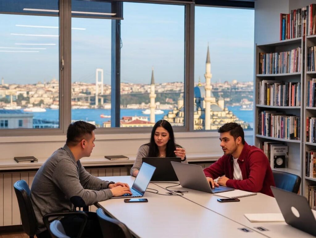 Students working in a modern engineering lab at a Turkish university with advanced equipment